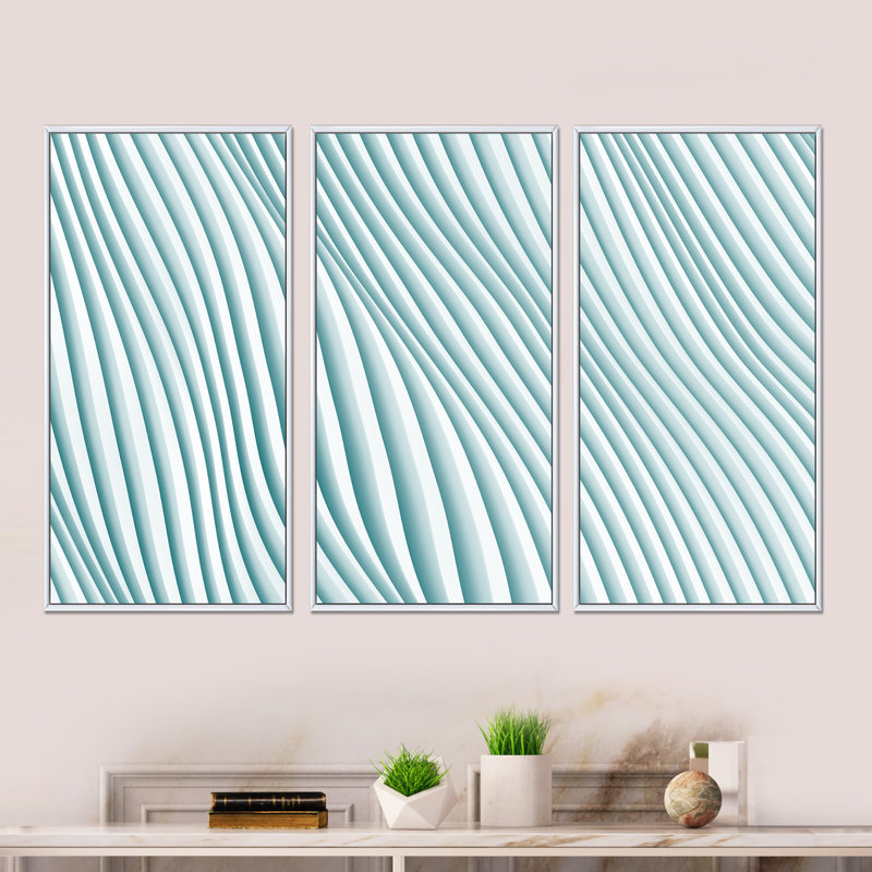 Fractal petites vagues bleues 3D - ensemble abstrait d'art mural sur toile encadrée de 3, H 28 po x l 36 po x P 1 po, Blanc