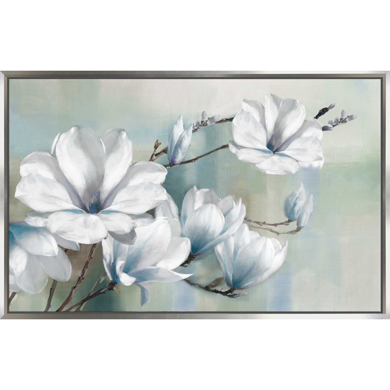 Spring Magnolias par - Peinture, Cadre flottant argent, H 39,5 po x l 63,5 po x P 2 po