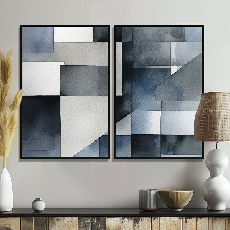 Gris et bleu abstrait zen - art mural moderne gris 2 panneaux, 36" H x 48" W, Impression encadrée flottante, Black