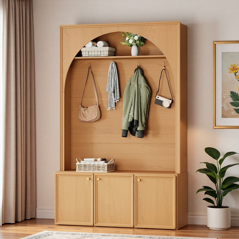 Retro Arched Hall Tree With Adjustable Shelves, Bench, Cabinets, Coat Rack And Open Shelving, Natural