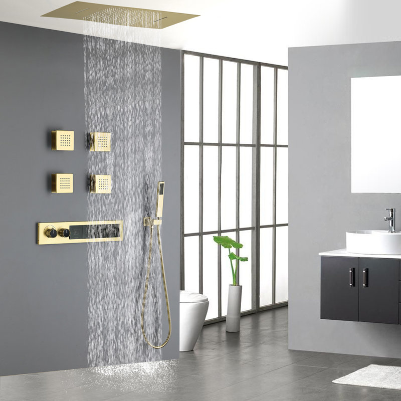 Système de douche thermostatique mural moderne à longue rangée de fonctions à quatre fonctions, Brushed Gold