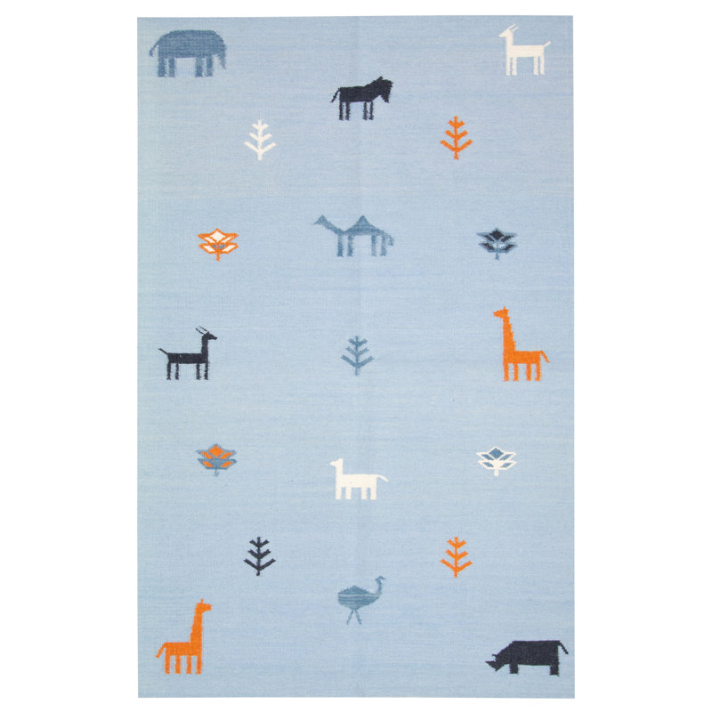 Tapis bleu / noir / orange / blanc en laine tissé à plat à la main à motif rectangulaire 5 pi x 7 pi New Ashford