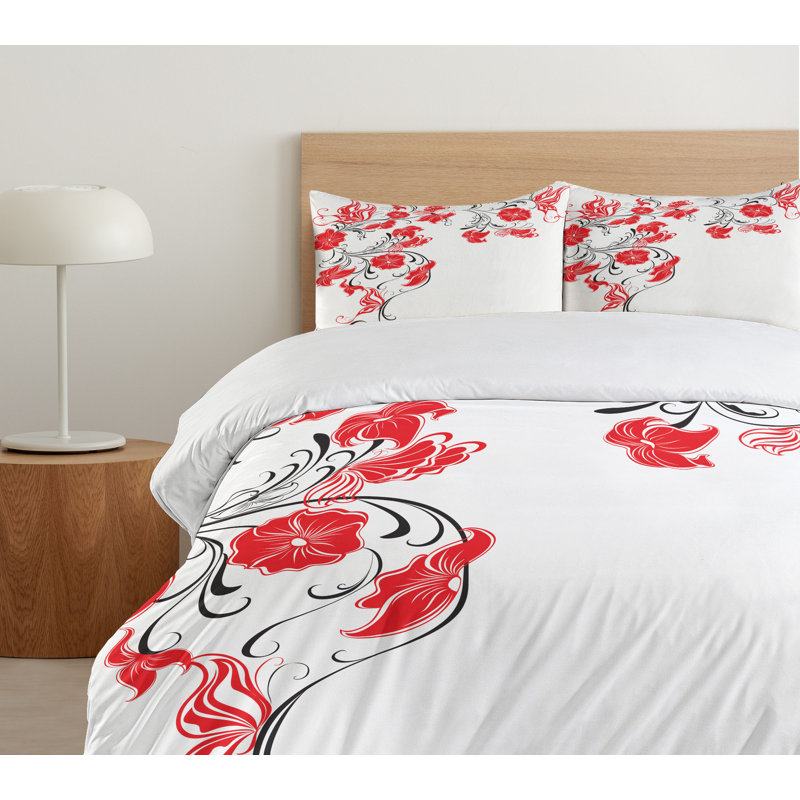 Scarlet White Floral Queen Duvet Cover Set with Pillow Shams