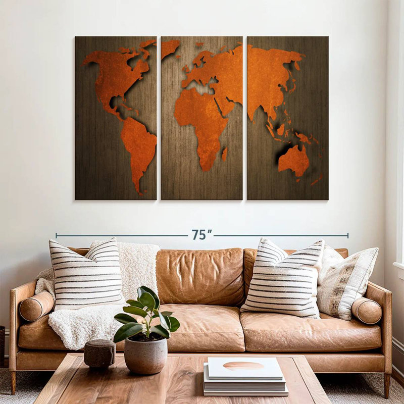 Ancienne carte du monde en bois Aliaz, H 42 po x l 65 po
