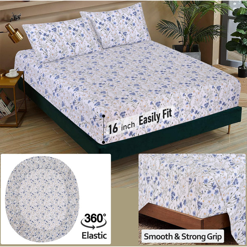 Sweet Pea Blue Floral Cotton Percale Queen Sheet Set