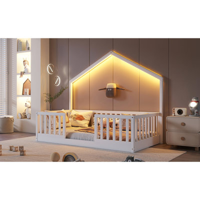 Lit simple au sol blanc, rails surélevés de 19,4 po, sommeil confortable, pin, DEL simple à assembler simple, profil bas, assemblage facile, sommeil indépendant