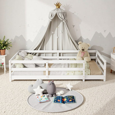 Lit en bois massif de pin blanc avec clôture de sécurité pour enfants - assemblage facile, bois robuste