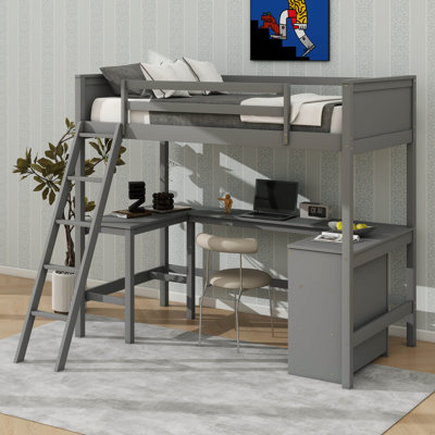 Lit mezzanine simple avec tablettes et bureau, lit mezzanine en bois avec bureau