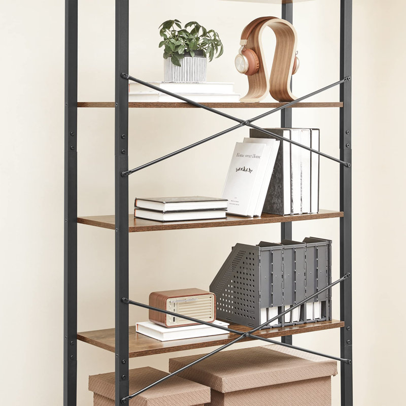 6 Tier Bookcase With Steel Frame, Rustic Brown/Black, 186cm H x 66cm W x 30cm D