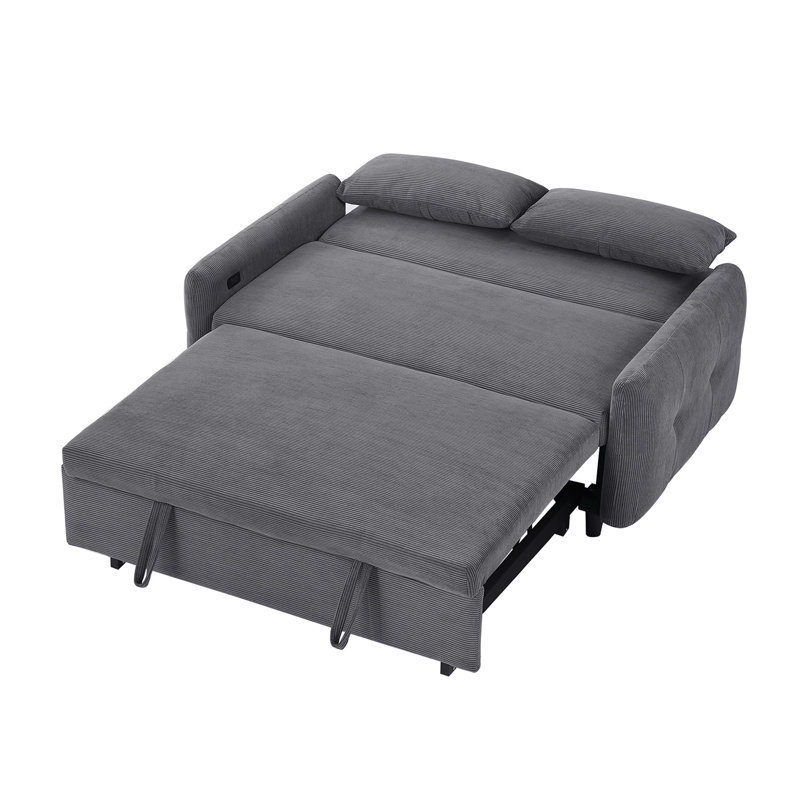 Canapé-lit convertible convertible avec causeuse USB à 2 places en velours côtelé pour petits espaces, Gris foncé