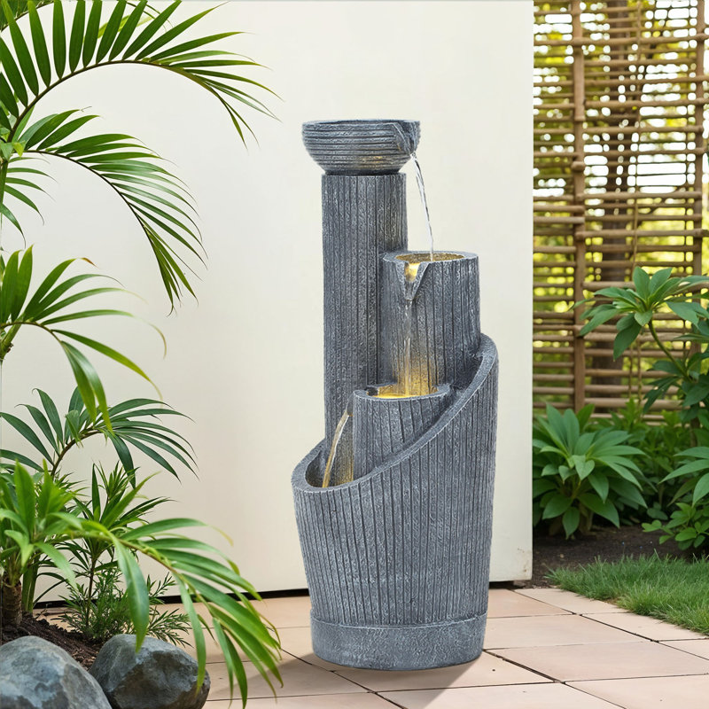 31" 4-Tier Modern Geometric Outdoor Water Fountain with LED Lights, Handcrafted Weather-Resistant Resin Water Feature