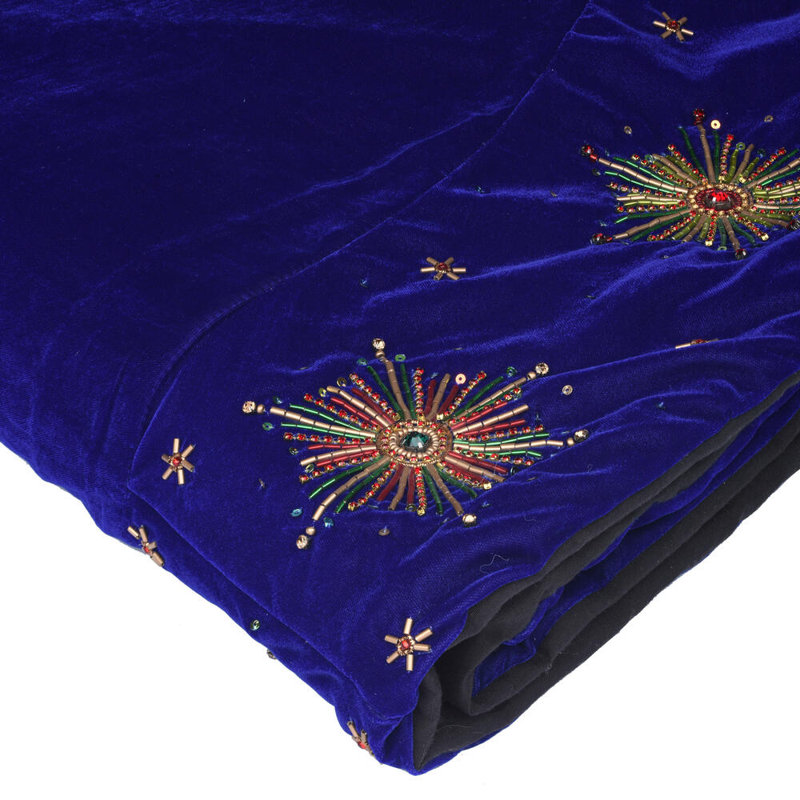 Royal Blue Velvet Starburst Christmas Tree Skirt with Beaded Embellishments