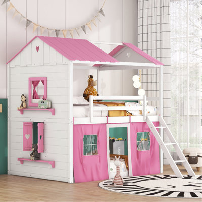 Full Size Bunk Wood House Bed With Elegant Windows, Sills And Tent,  Pink+White
