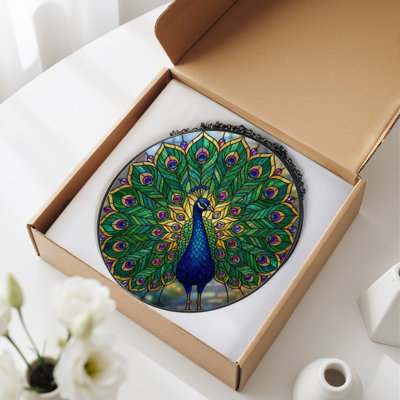 12"H Peacock Feathers Stained Glass Window Panel