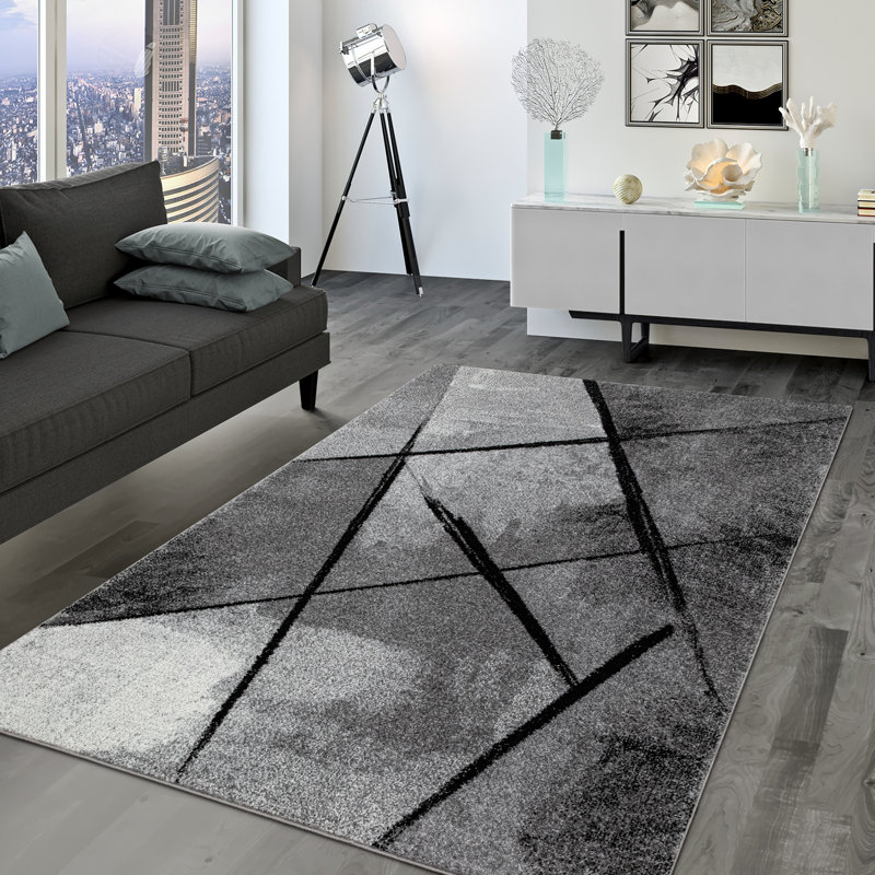 Tapis moderne à rayures abstraites noires et abat-jour gris Arianny, Rectangle 6 pi 7 po x 9 pi 6 po