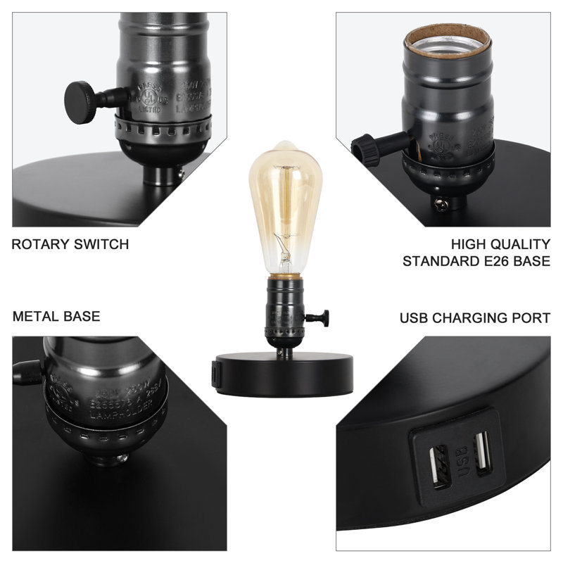 Lampe de bureau avec 2 ports de charge USB et interrupteur rotatif marche / arrêt noir