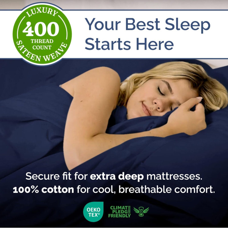 4 Piece 400 Thread Count Cotton Sheet Set – Extra Deep Pocket, Cooling, Breathable & Soft Bedding, Navy Blue