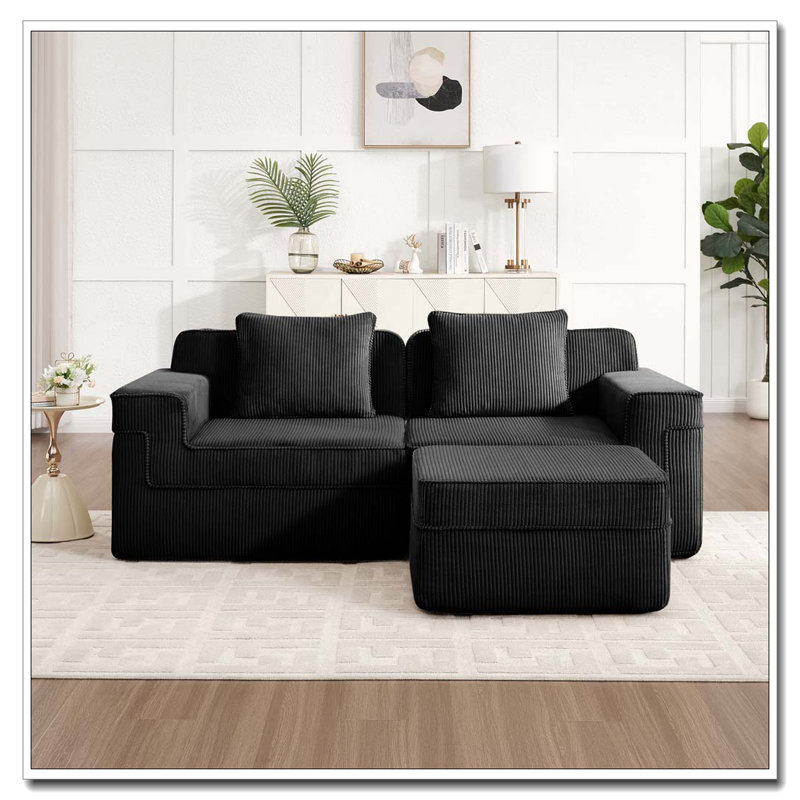 Canapé modulaire en L à 2 places sans os, canapé modulaire Cloud avec assise profonde, canapé modulaire moderne à 2 places avec coussins décoratifs et 1 repose-pieds mobile