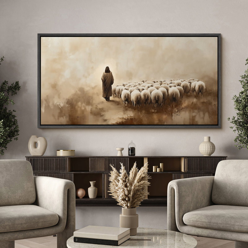 Reproduction d'art sur toile encadrée, "Jesus Christ And The Sheep Crowds", Noir, noir, noir, noir, H 30 po x l 60 po
