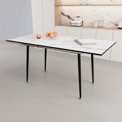 47" To 63" Extendable Table, White Marble Effect, Metal Base, Suitable For 2 - 6 People Decorative, Modern Industrial Practical Living by Ebern Designs