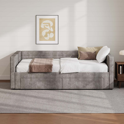 Twin Size Upholstered Extendable Daybed Frame with Trundle,Space-Saving Twin to King Design,Chenille Fabric Sofa Bed with Storage Drawers for Living R