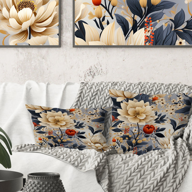 Motif de fleurs de chrysanthèmes bleu et beige - coussin à imprimé floral