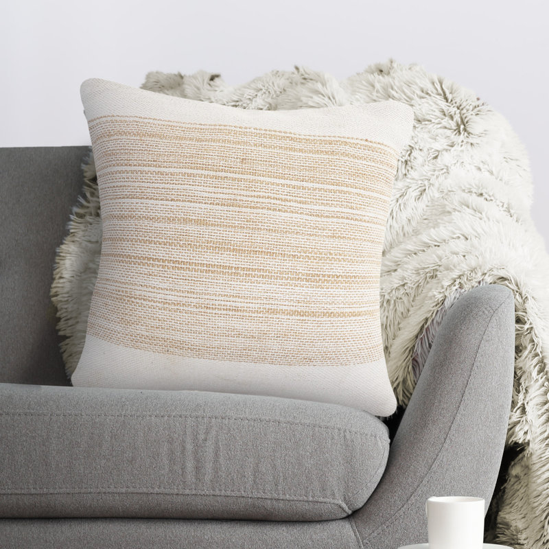 Ivory and Tan Striped Jute Cotton 20" Square Throw Pillow