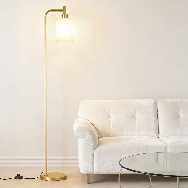 Industrial Gold Floor Lamp With Frosted White Glass Shade & LED Bulb, White, Gold