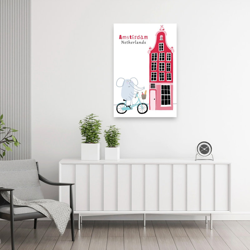 Éléphant à vélo Amsterdam Art mural abstrait et fantaisiste contemporain représentant un éléphant et représentant l'architecture urbaine