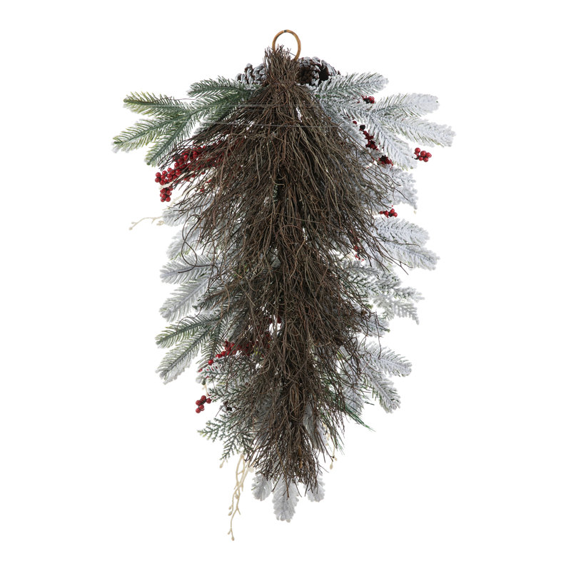28"H Christmas Flocked Pinecone & Berry Teardrop
