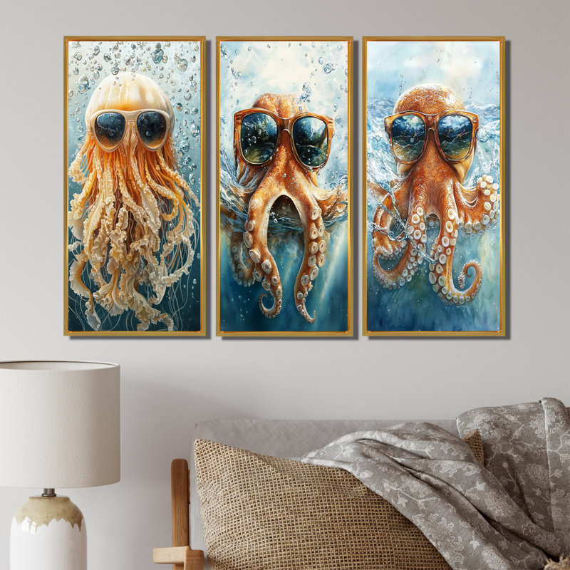Pieuvre avec des lunettes dans l'océan I - Collection d'impressions sur toile Jellyfish, H 28 po x l 36 po, Doré