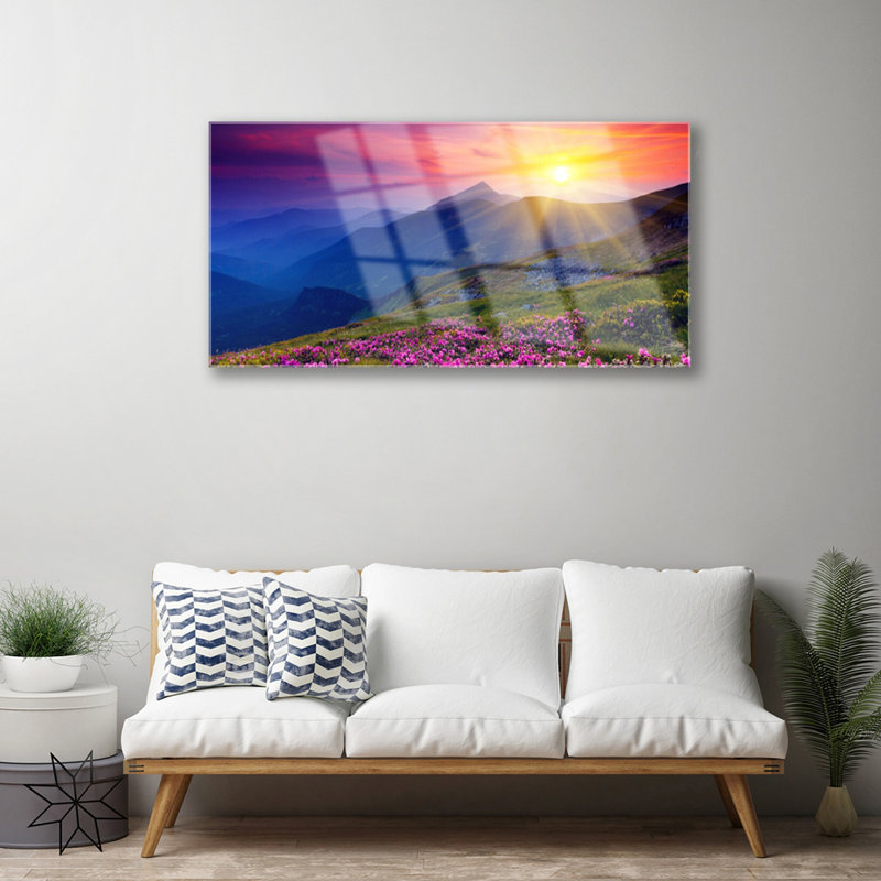 Landscape Mountains Flower Meadow 1 Piece Wall Art on Glass