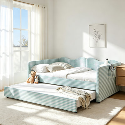 Lit de jour Gingham rembourré avec couchette coulissante et rangement latéral, structure en bois massif pour une utilisation multifonctionnelle dans les chambres d'enfants