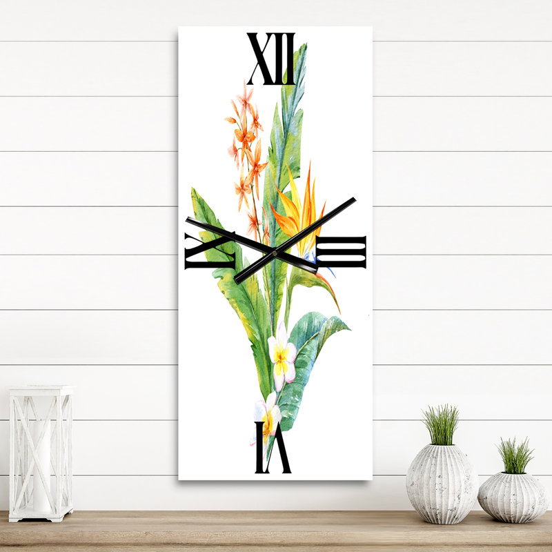 Horloge murale fleurs tropicales avec feuilles I, Grand