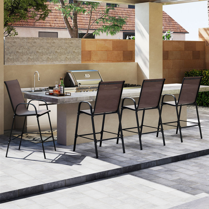 4PCS Outdoor Bar Stools 29'' Fabric Bar Height Stools w/ Armrests & Footrest Brown, Brown