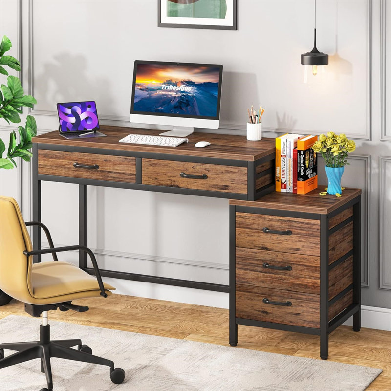 Bureau d'ordinateur 51 po réversible avec 5 tiroirs et classeur (sans la chaise), Brun / Noir