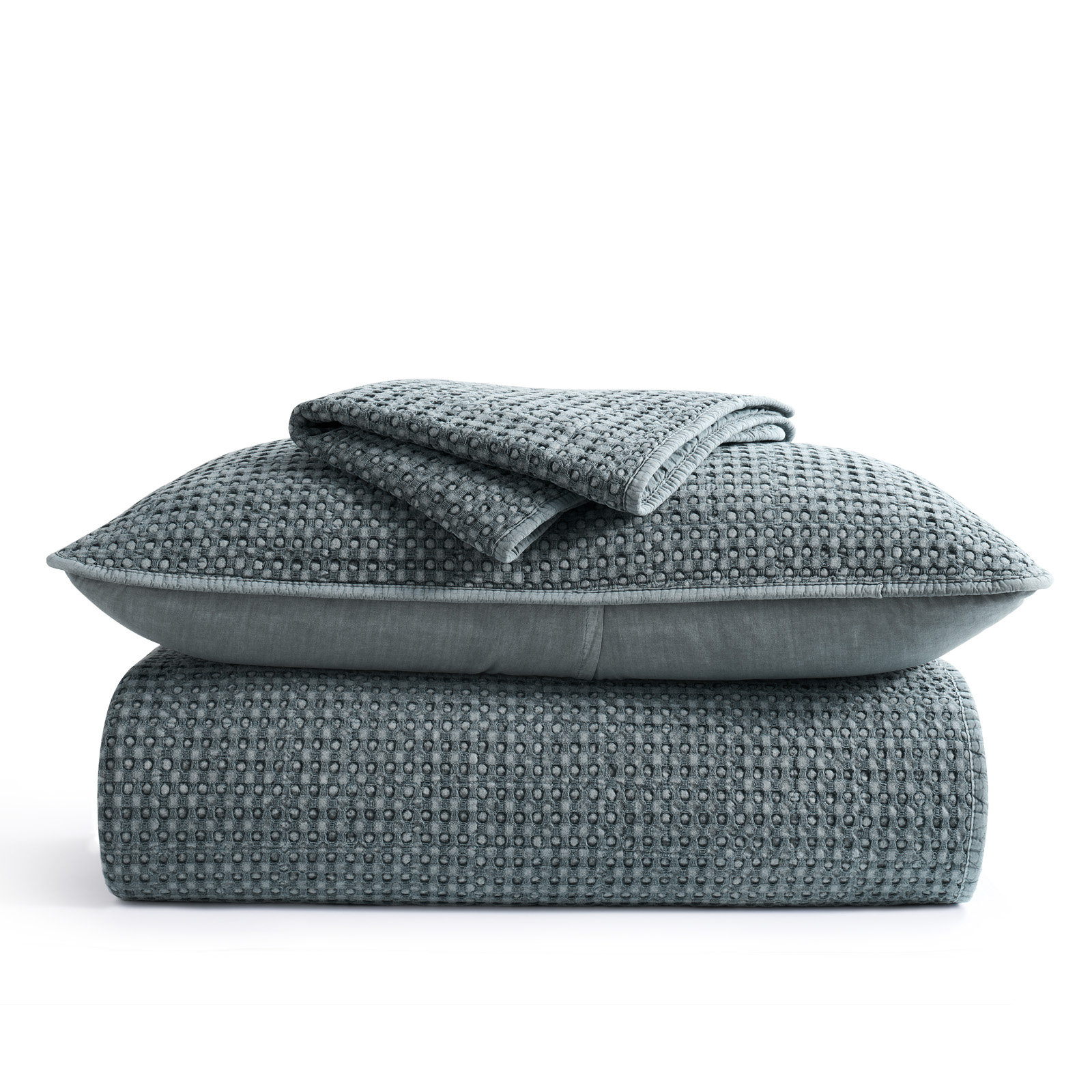 Stonewashed 100% Natural Cotton Waffle Quilt Set, King Quilt + 2 King Shams, Midnight Blue