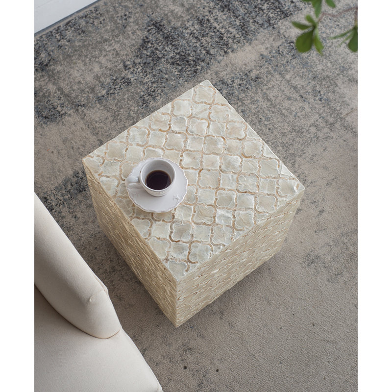 Square Capiz Accent Stool with Geometric Inlay Design – Modern Decorative Seating and Side Table