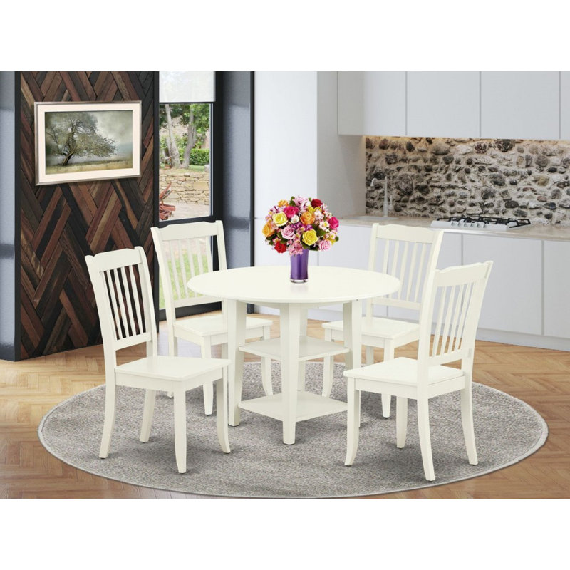 5 Piece Dining Room Furniture Set Includes a Round Kitchen Table with Dropleaf & Shelves and 4 Dining Chairs, Linen White