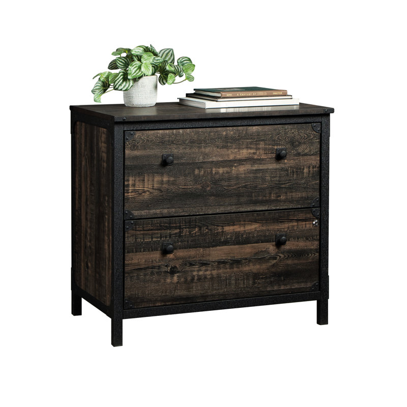 Classeur latéral brun rustique pour installation de bureau, deux tiroirs avec extension complète, fonction de rangement verrouillable, cadre en métal décoré, espaces de travail organisés de 30,39 po x 20,08 po x 29,53 po,