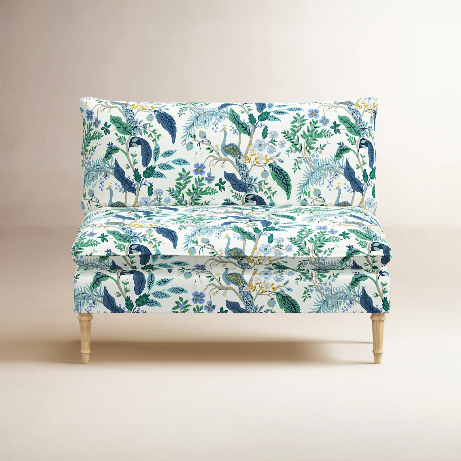 Rifle Paper Co. x Cloth & Company Louie Settee, Blue Peacock Linen Blend, Natural Wood