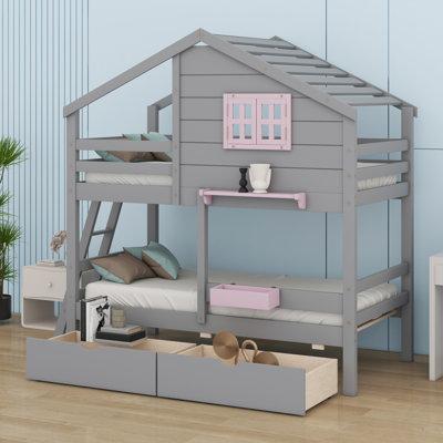 Bunk Bed With Drawers,Storage Box,Shelf,Window And Roof