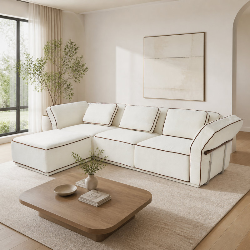 Upholstered 128.36" Boucle Slipcovered Flared Arm Sectional Sofa With Ottoman, White Boucle