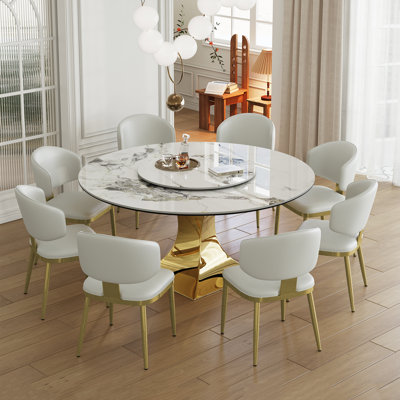59" Round Sintered Stone Dining Table Set with Gold Stainless Steel Hourglass Base & 8 White Padded Chairs - Modern Luxury Marble-Look Kitchen Table f
