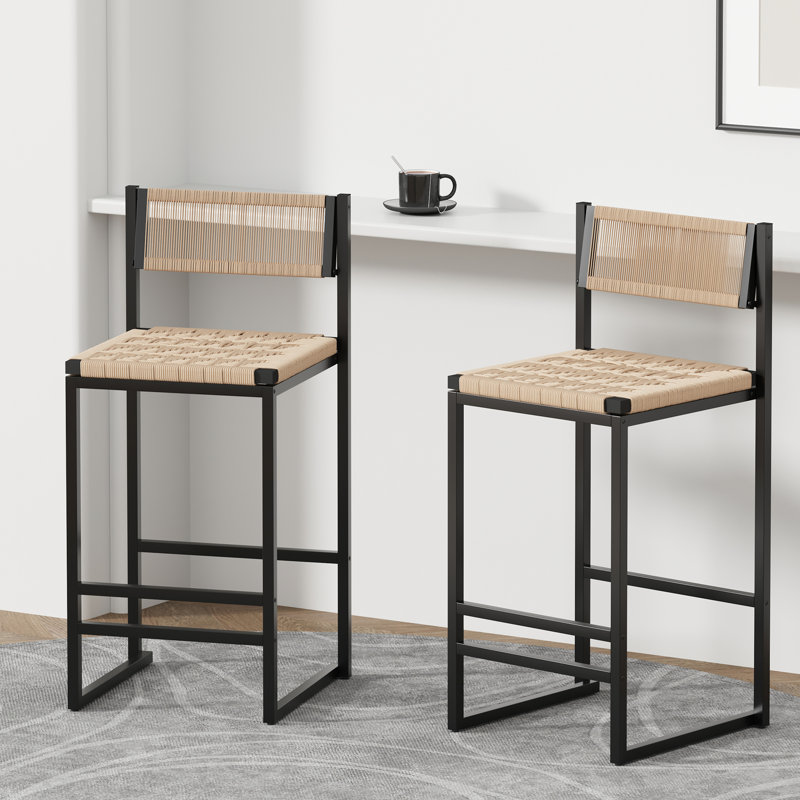 Chaises fonctionnelles de salle à manger - de 2, siège en corde de papier, vis de bar chic, 2 pièces, tissage, noir et miel