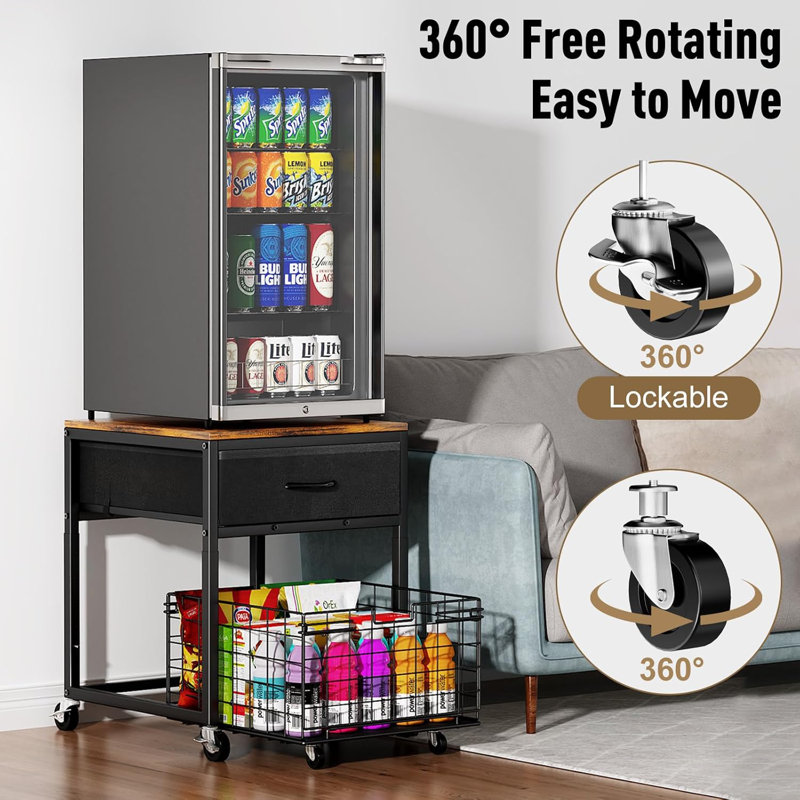 Mobile Mini Fridge Stand With Storage, Height-Adjustable Mini Beverage Fridge Table, Coffee Bar
