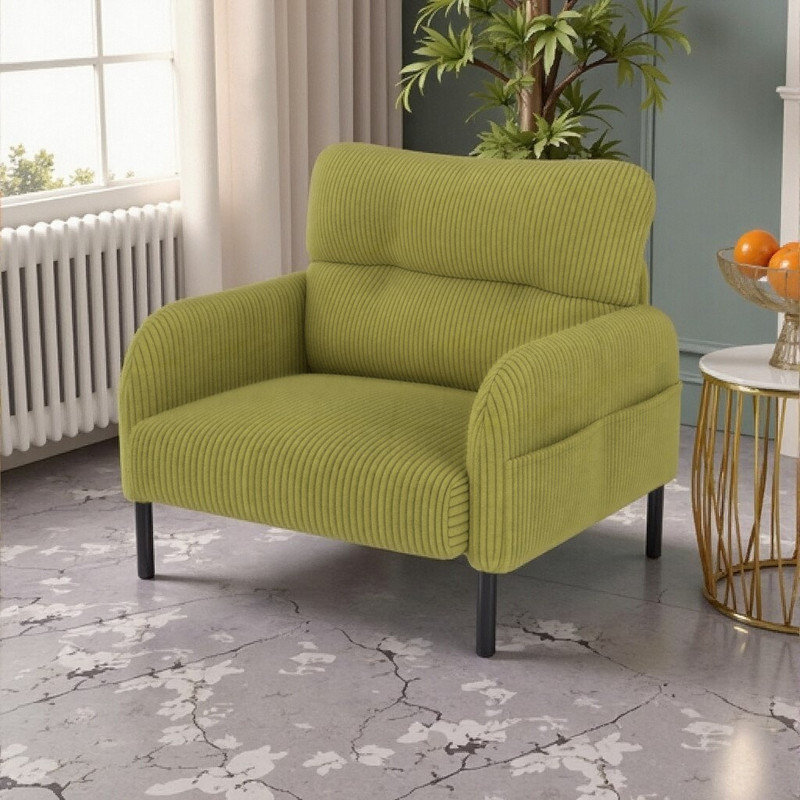 Chaise d'appoint en velours côtelé Afor avec design ergonomique et poches latérales, structure en bois massif, Vert olive