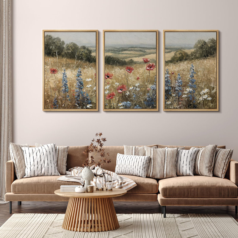 " Rural Splendor Delicate Wildflowers In Meadow Rustic Landscape Illustration Rustic Decor Multicolor " 3 - Pieces, Natural