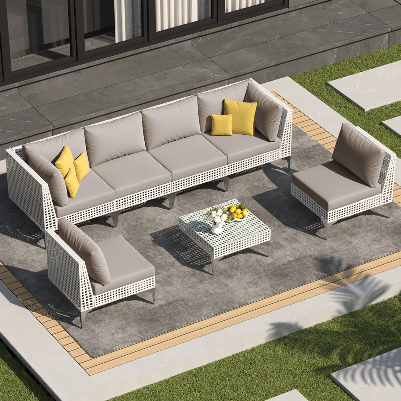 Ensemble de conversation modulaire en osier pour 6 personnes, ensemble de conversation modulaire d'extérieur avec table basse et coussins
