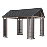 Pavillon de jardin extérieur en acier galvanisé à toit rigide 11 x 13 pi Sunjoy avec toit à pignon en métal et crochet de plafond mobile, adapté pour la terrasse et la cour